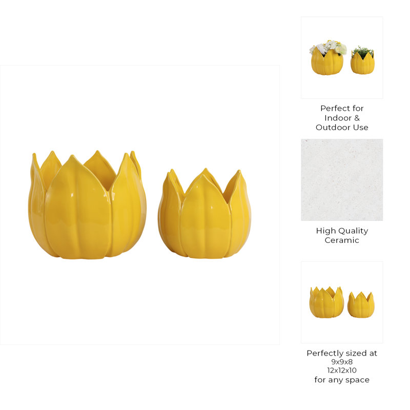 Sagebrook Home 2-Pieces Petal Planters, White, Yellow, 10" H x 12" W x 12" D