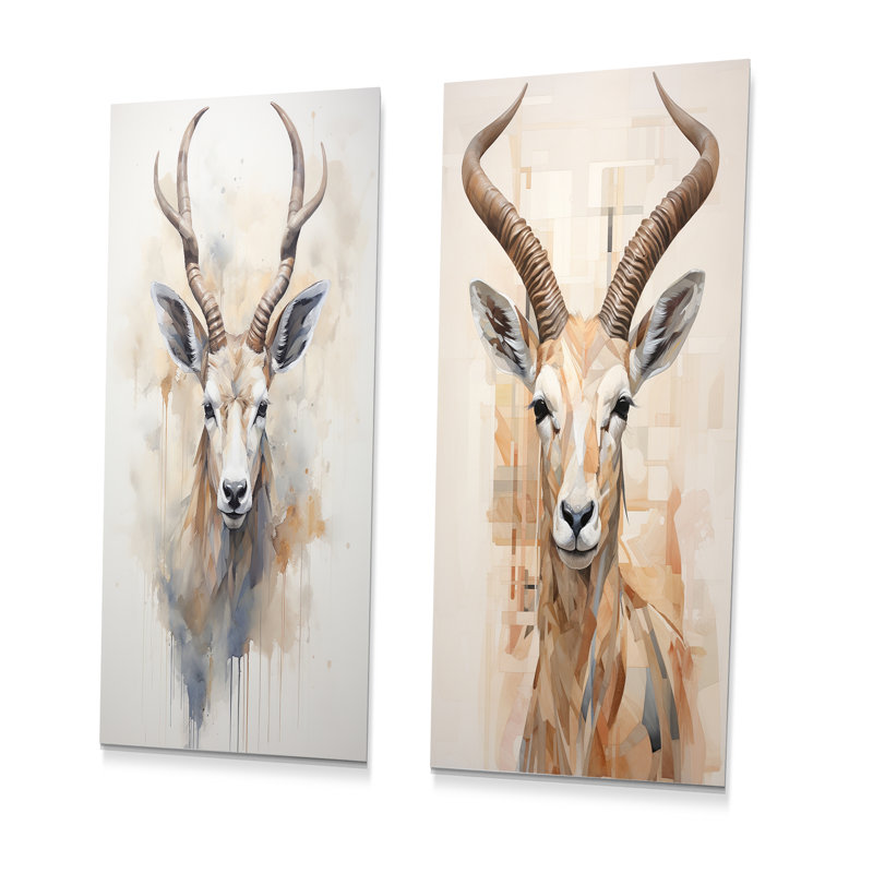 Minimalisme beige antilope bouquetin - ensemble d'art mural en métal antilope de 2, H 32 po x l 32 po
