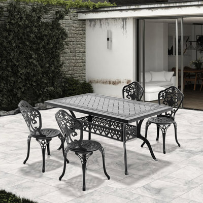 5 Cast Aluminum All-weather Dining Furniture, Black Frame, Exquisite Carving Patterns, & , Ergonomic , Slip Foot Pad, Easy To Assemble Ensemble For All Weathers, Fine Lines, Weather Corrosion Finish,