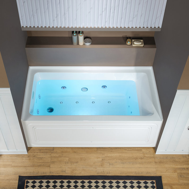 60" x 30" Alcove Heated Acrylic Rectangular Whirlpool Jetted Tub in White with Left/Right Drain, 3 Finish Trim Option, Left