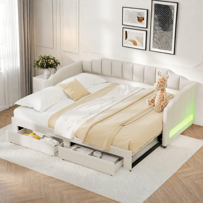 Extendable Upholstered Daybed With 2 Storage Drawers And Led Light, Beige