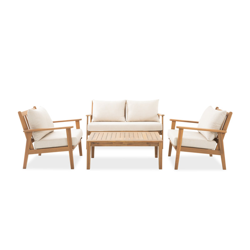 Ensemble de conversation de patio 4 pièces en bois massif avec coussins, 2 chaises, table basse, causeuse