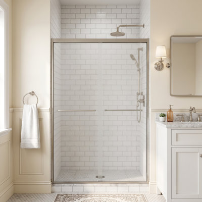 Porte de douche coulissante double à cadre en aluminium, 142-152 cm L x 188 cm H, paroi de douche à double battant avec verre trempé transparent de 6 mm (1/4 po), finition chromée