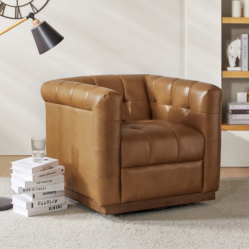 Sonika Genuine Leather Square Swivel Barrel Club Chair with Solid Wood Frame, Camel