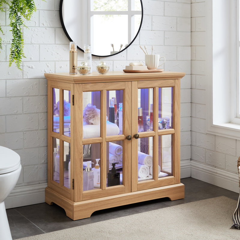 Vitrine lumineuse polyvalente avec finition chêne et porte magnétique de qualité antique