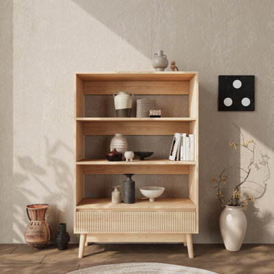 Bibliothèque à 3 niveaux avec tiroir de rangement en bois rainuré