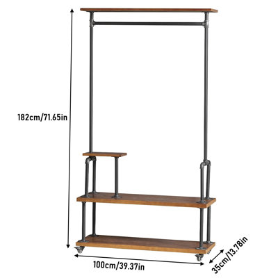 Heavy Duty Clothing Rack, Industrial Pipe Clothes Rack With Shelves, Rolling Garment Rack For Bedroom, Retail Store, Rustic Brown