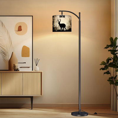 Arc Floor Lamp with Adjustable Lampshade Silhouette Deer Antlers Bold Hunting Standing Lamp 3 Color Temperatures Dimmable Tall Pole Lamp with Foot Switch for Bedroom