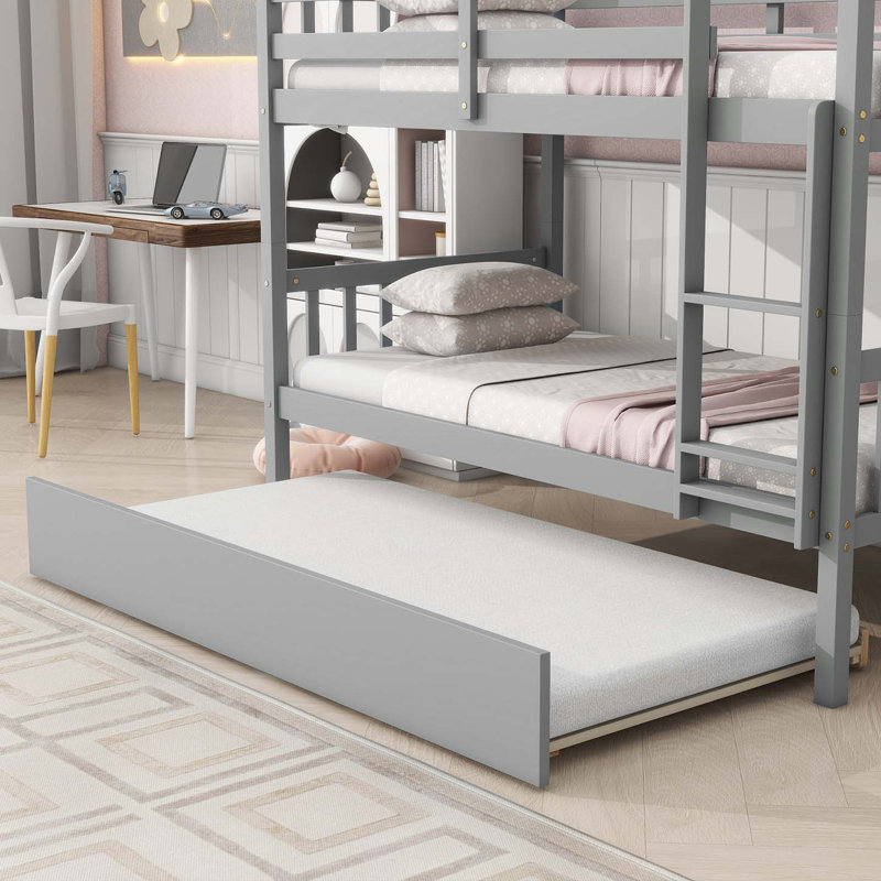 Twin Over Twin Bunk Bed With Trundle, Convertible Into Twin Size Beds, Gris