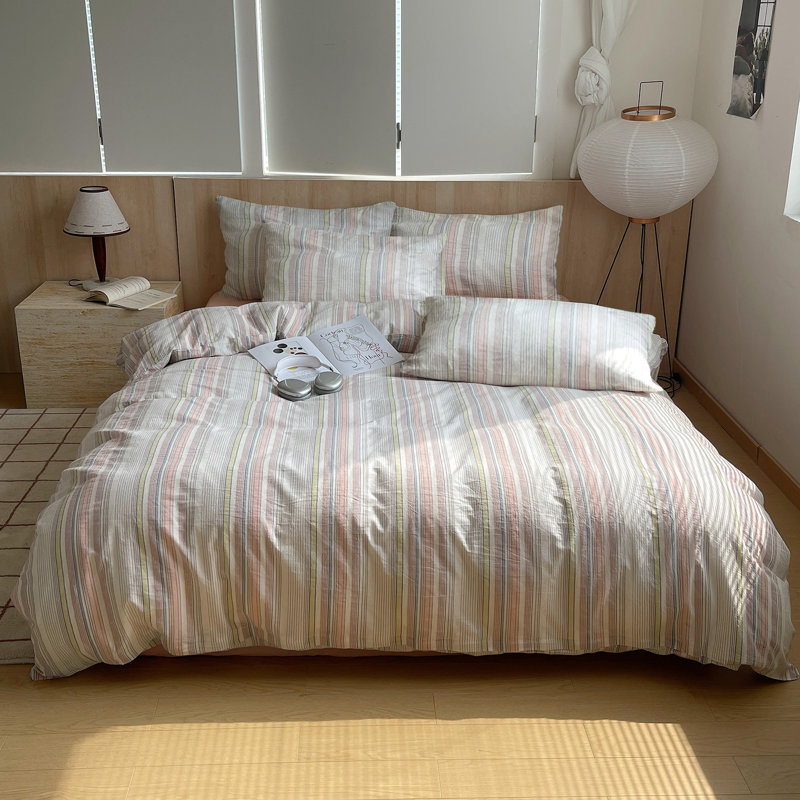 Farmhouse Colorful Pinstripe Washed Cotton Duvet Cover Set, Queen Duvet Cover + 2 Pillowcases, Pink/White