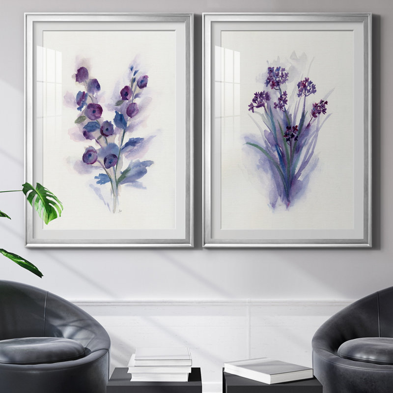 «Pretty in Purple I», ensemble de 2 reproductions d'art, H 26,5 po x l 73 po x P 1,5 po, Papier avec cadre argenté, Blanc
