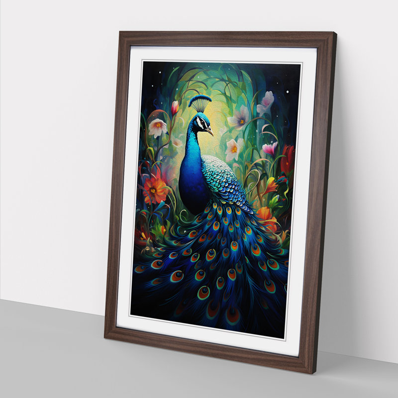Peacock Modern - Single Picture Frame Print on Wood, 64cm H x 46cm W x 2cm D, Walnut Framed