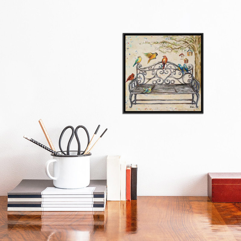 "Birds on the Bench" par Patricia Pinto, impression, Pas de tapis, H 12 po x l 12 po x P 1,5 po, Toile avec cadre noir