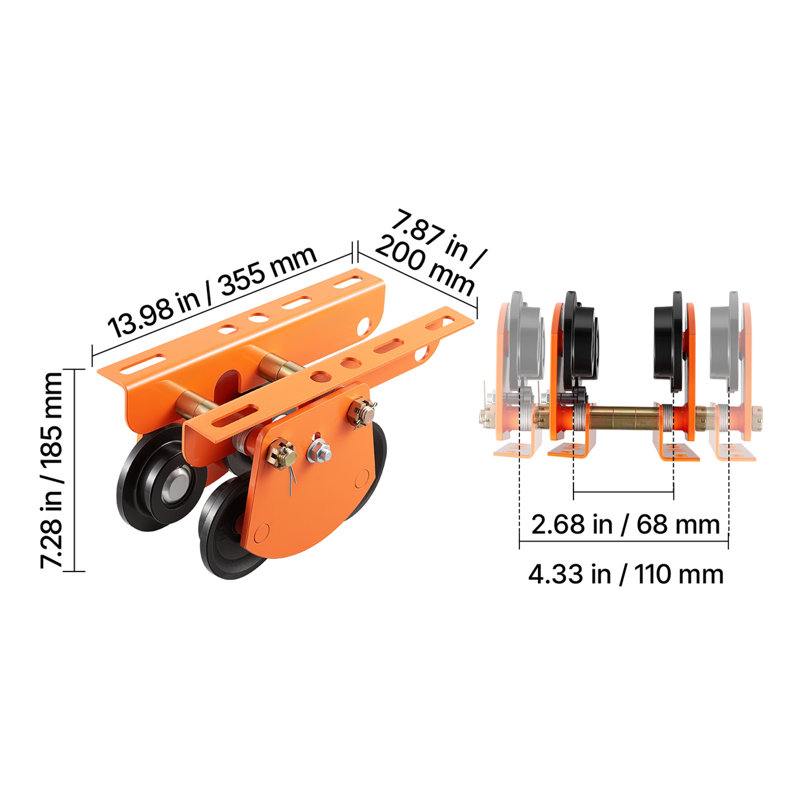 Electric Hoist Manual Trolley, 2200 lbs/1 Ton Load for PA600 PA700 PA800 PA900 PA1000, Push Beam Trolley with Dual Wheels, 2.68"-4.33" Adjustable Beam Flange Width for Straight & Curved I-Beam