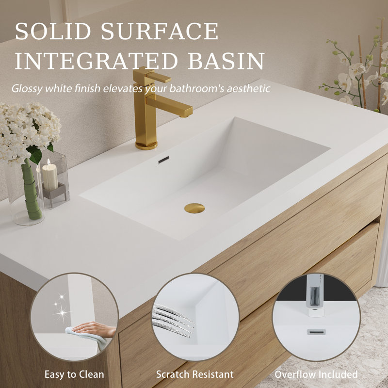 Meuble-lavabo mural de 48 po avec comptoir et lavabo en pierre reconstituée, armoire en chêne naturel, 2 tiroirs, L 48 po