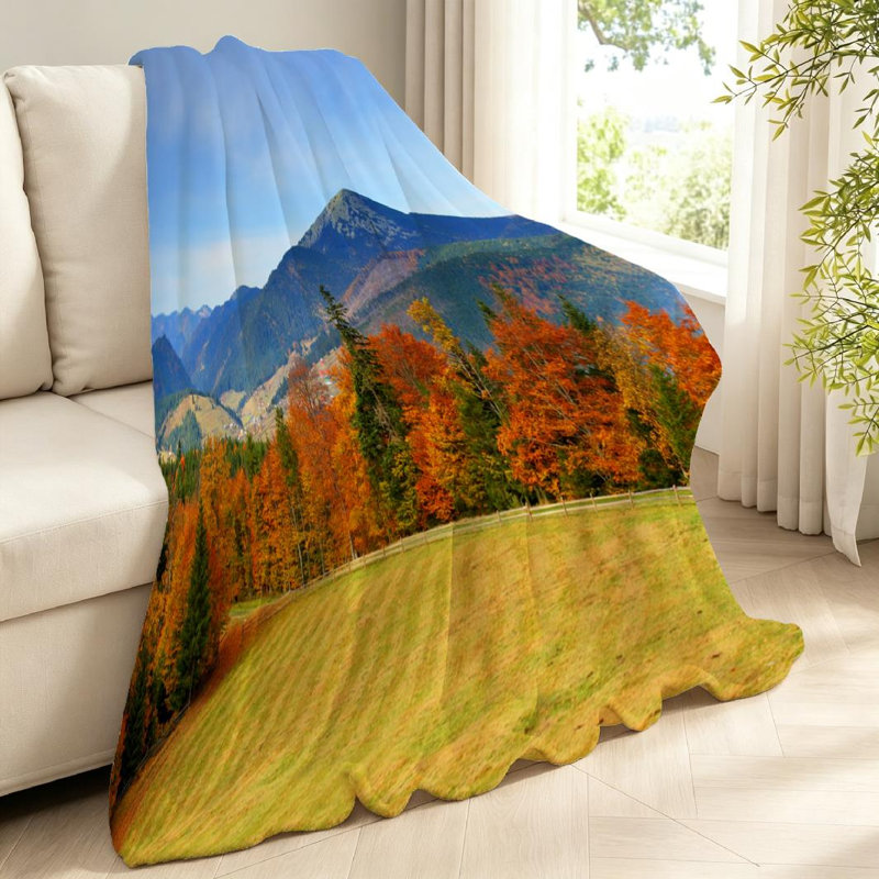 Jeté en molleton jaune ultra doux en flanelle, imprimé The Mountain Autumn, Jeté 40 po x 50 po