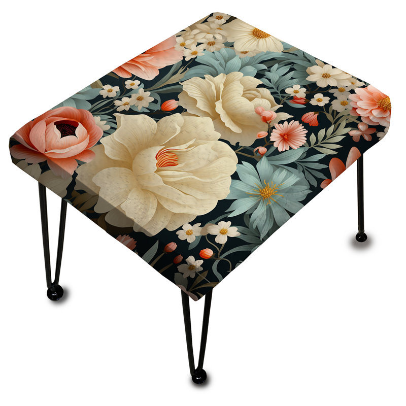 Repose-pieds rectangulaire blanc et bleu à motif floral