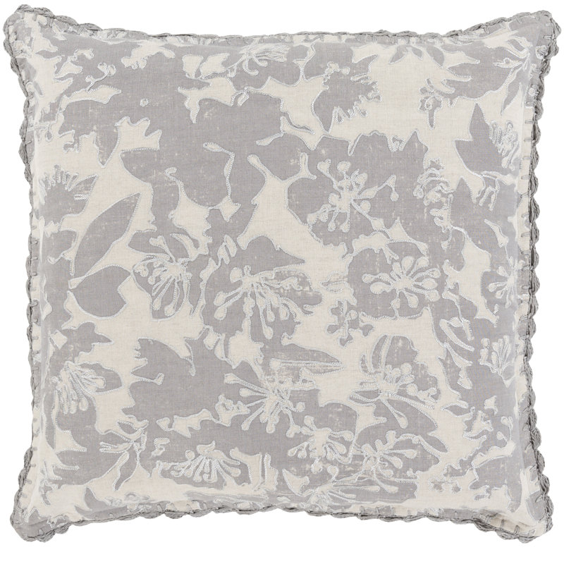 Evelyn Linen Floral Throw Pillow Cover, 20" H x 20" W x 1" D, Gray