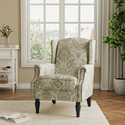 Duward Damask White Floral Upholstered Wingback Accent Chair with Nailhead Trim