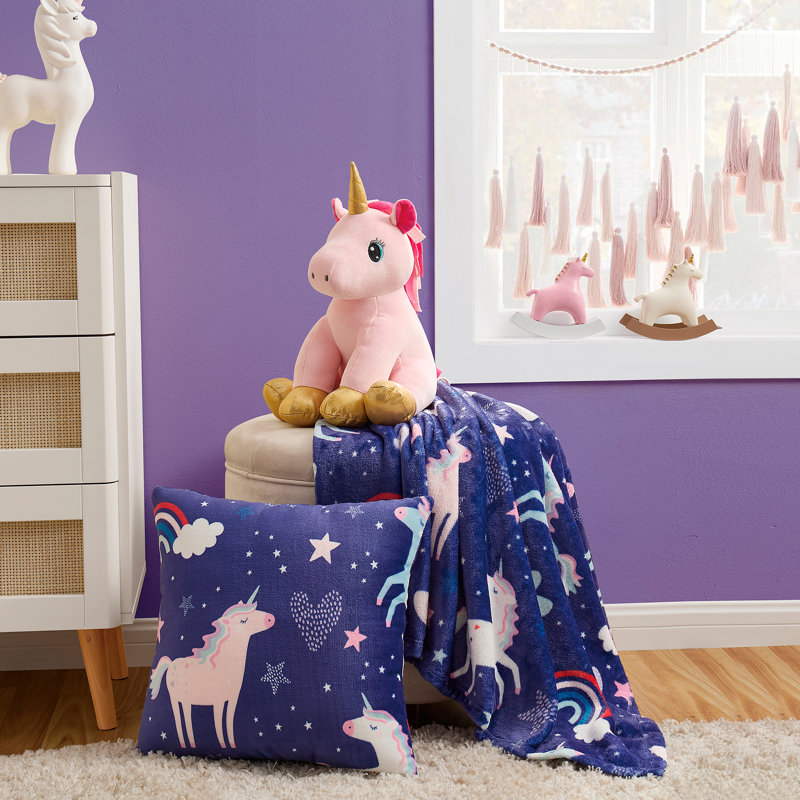 Olivia & Finn 3-Piece Unicorn Throw and Decorative Pillow Set, Blue Unicorn 