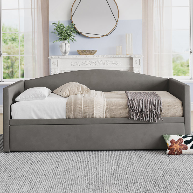 Velvet Daybed with Extended Pop Up Trundle, Gray