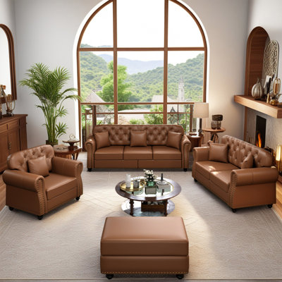 Mid-Century Modern 4-Piece Faux Leather Living Room Sets With Nailhead Trim And Button Tufted, Modern Chesterfield Sofa With Pillows And Ottoman