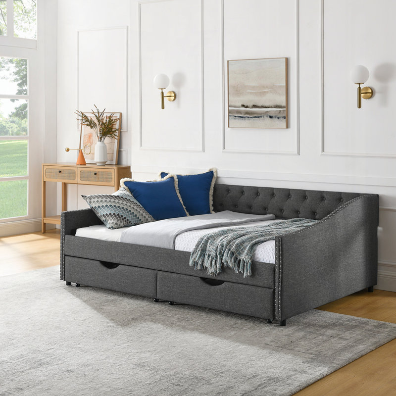 Upholstered Full Size Daybed with Drawers, Full/Double, Dark Gray