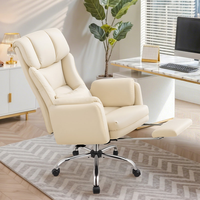 Chaise de bureau ergonomique inclinable à haut dossier avec dossier et repose-pieds réglables, Blanc perle