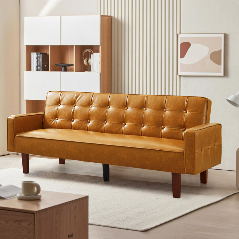 74.4'' Faux Leather Square Arm Sofa Bed, 66.14" W x 28.93" H x 37.79" D, Faux Leather Blue Gray
