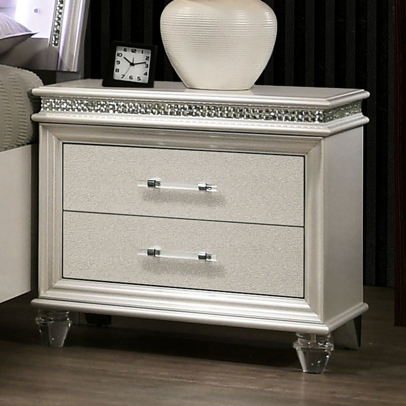 Table de chevet de chambre à coucher avec pieds en acrylique, 2 tiroirs, cristaux blanc perle à utiliser, mélange de cristal et de plastique