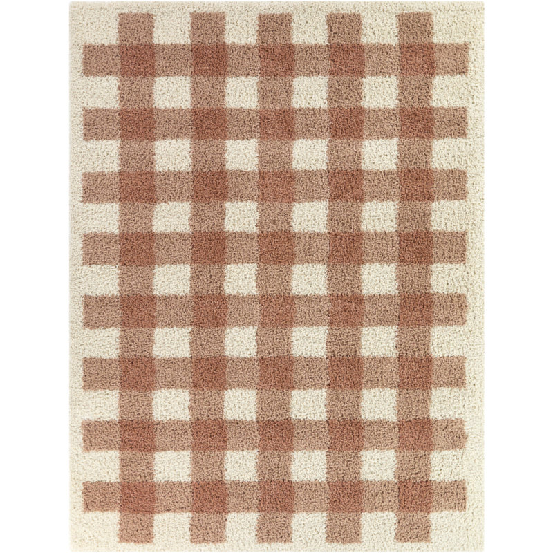 March Pink Gingham Shag Area Rug, Rectangle 5'3" x 7'