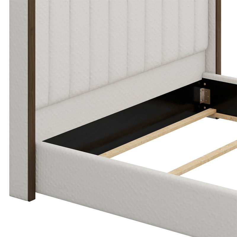 Tall Headboard Upholstered Bed With Vertical Striped And Wingback Design