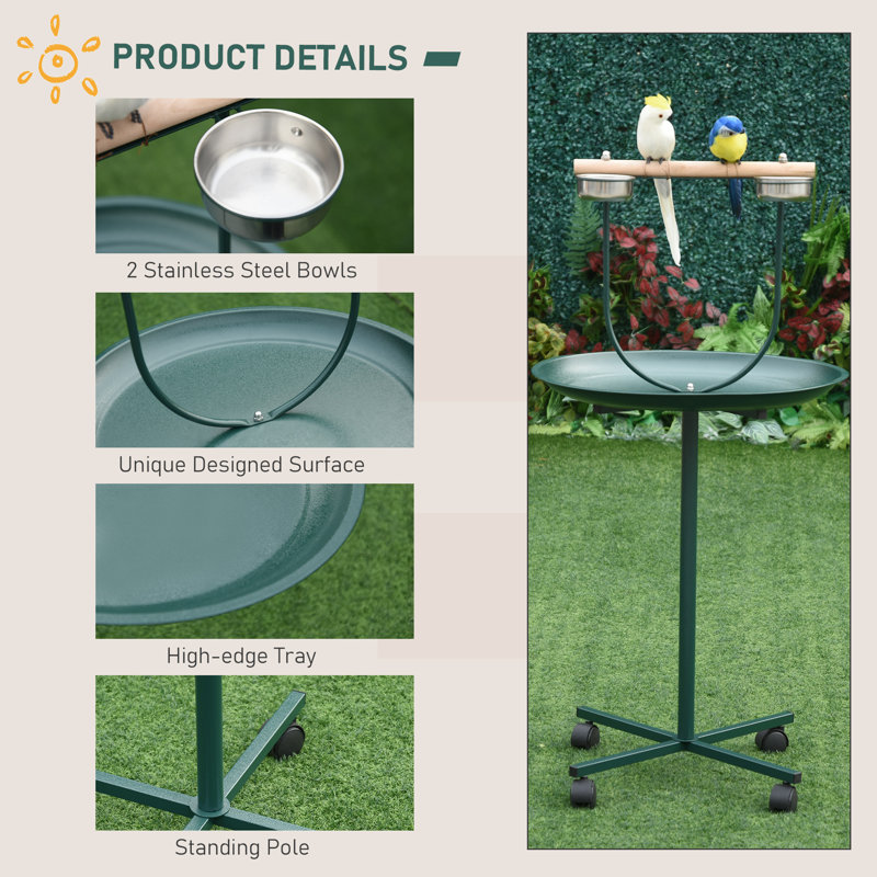 Bird Training Activity Playground Stand 23.5" L x 48" W x 9.9" H Steel and Wood 1 Piece Bird Perch Stand Stainless Steel Bowls High-Edge Tray Rolling Casters