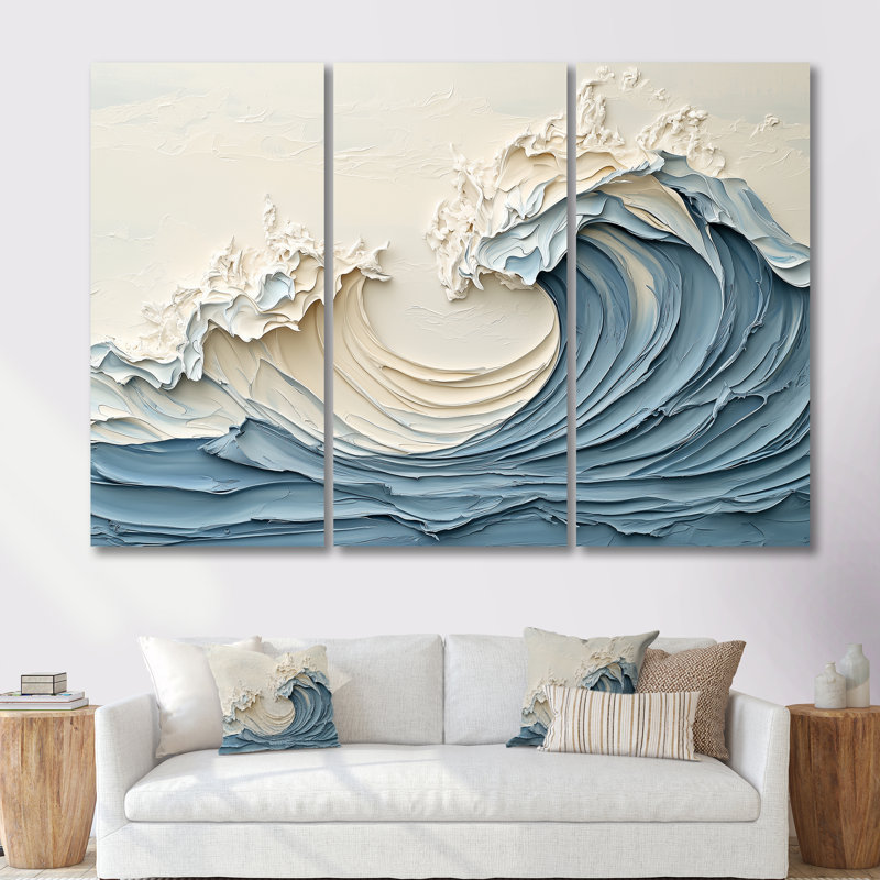 Art mural blanc et bleu style vague I - Coastal Waves, H 28 po x l 36 po x P 1 po, Toile avec cadre flottant noir