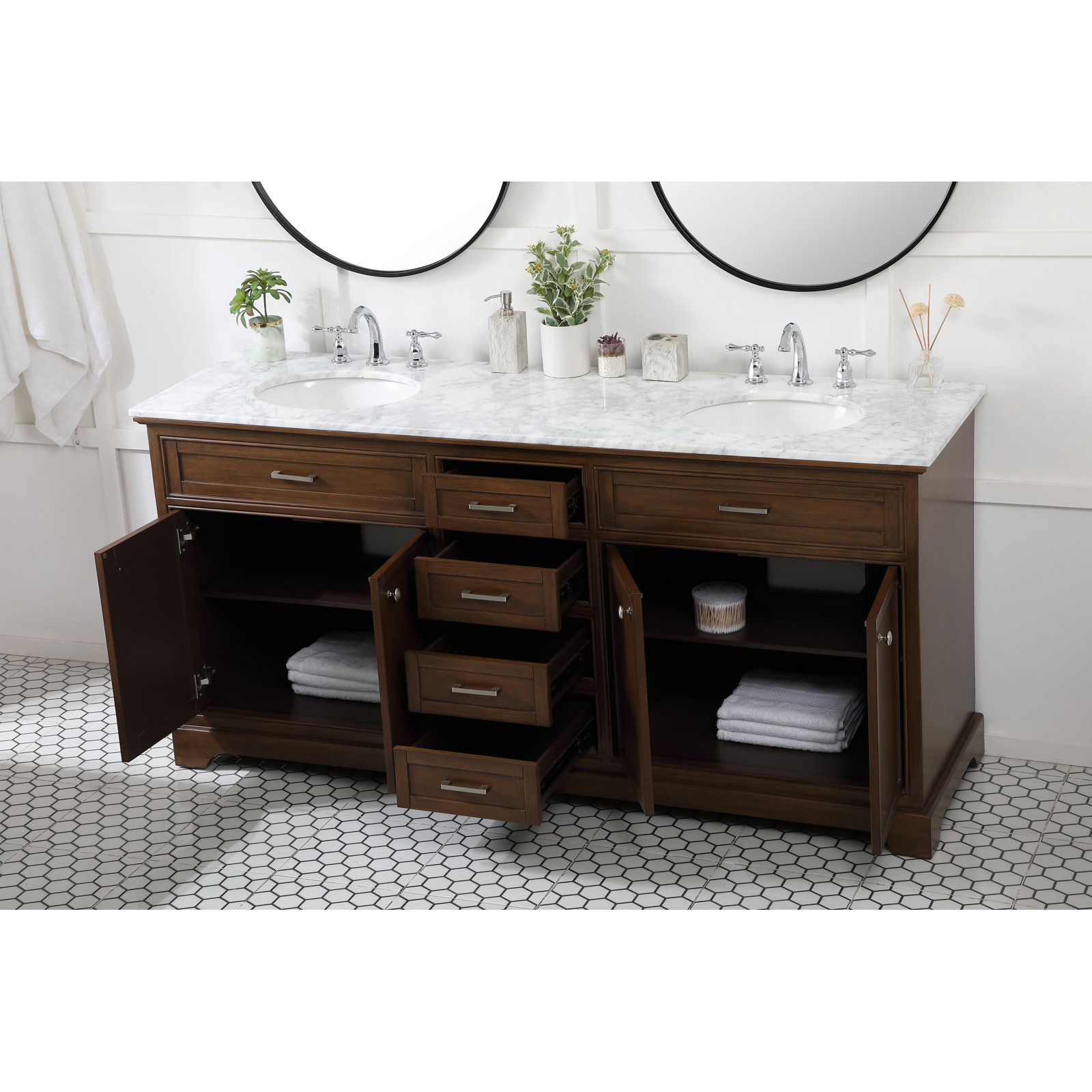 Hermes 72'' Double Bathroom Vanity, Dark Teak, Carrara White Gray