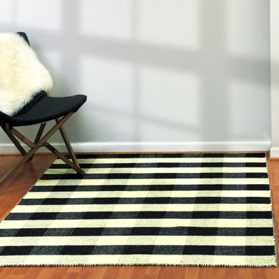 Tapis noir / ivoire en laine / coton tissé à la main Pickering