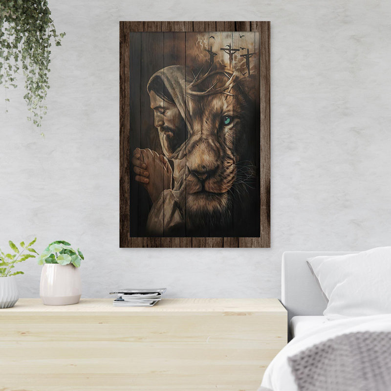 «Jesus Praying And Lion», œuvre d'art graphique sur toile tendue, H 36 po x l 24 po x P 2 po