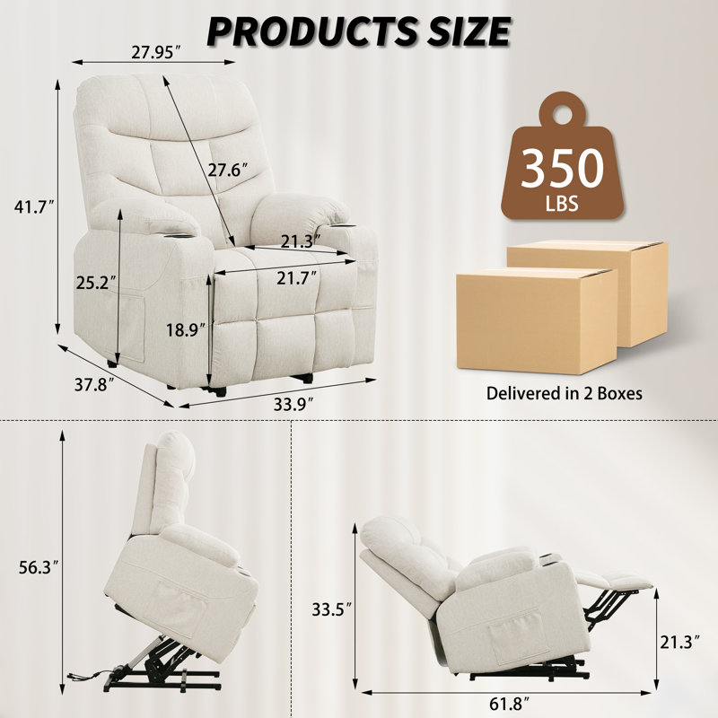 KORSER Power Lift Recliner, Electric Lift Chair With Heated Vibration Massage, Cup Holders, Side Pockets, Beige
