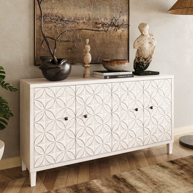 Élégante armoire d'appoint en bois à 4 portes avec tablettes réglables, parfaite pour le rangement et la présentation dans diverses pièces