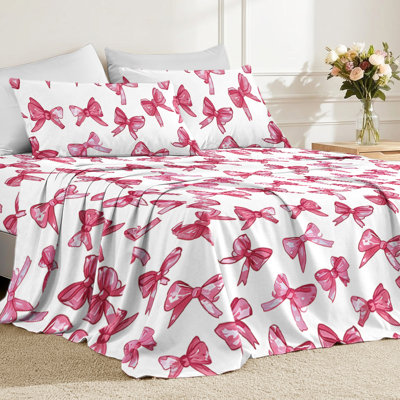 Twin Bed Sheet,3-Piece Microfiber Bow Sheet Set,Pink Bedding Sets with Deep Pocket Fitted Sheet, Flat Sheet & Pillowcases