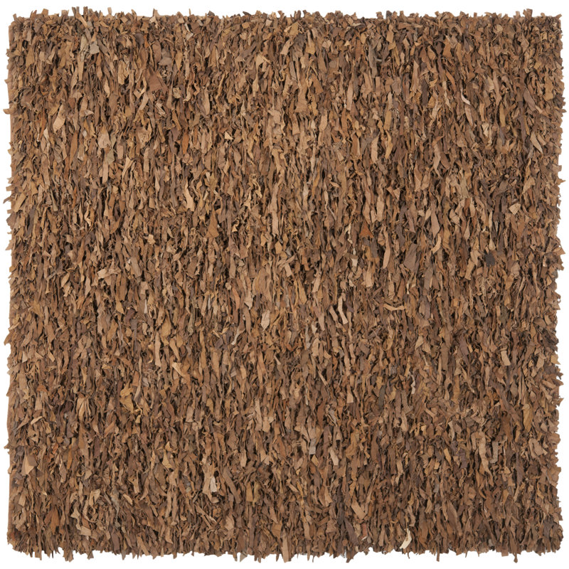 Tapis brun en cuir à poils longs tissé à la main, Carré 6'