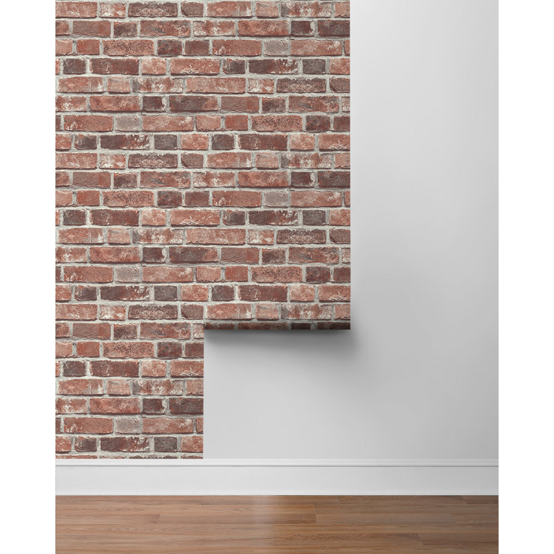 17 Stories Designs Red & Charcoal Distressed Red Brick Prepasted Wallpaper