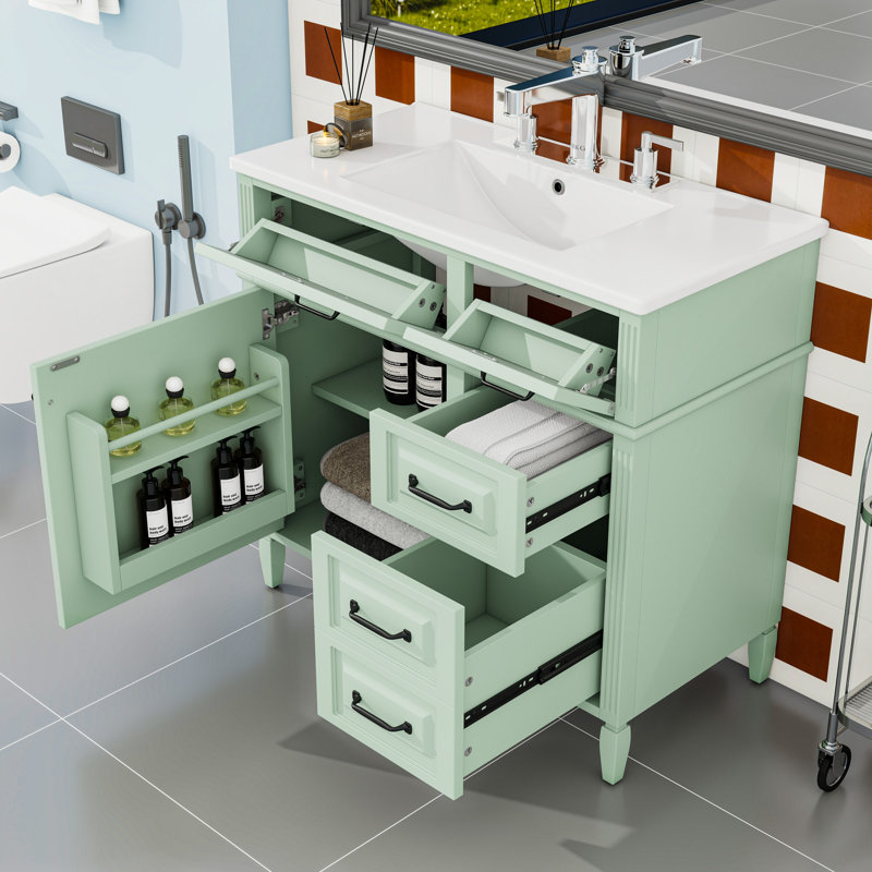 Meuble-lavabo de salle de bain avec lavabo en céramique, tiroir rabattable et tablette réglable, Vert