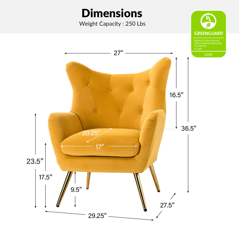 Fauteuil à oreilles 29,25 po Avianna, Velours moutarde