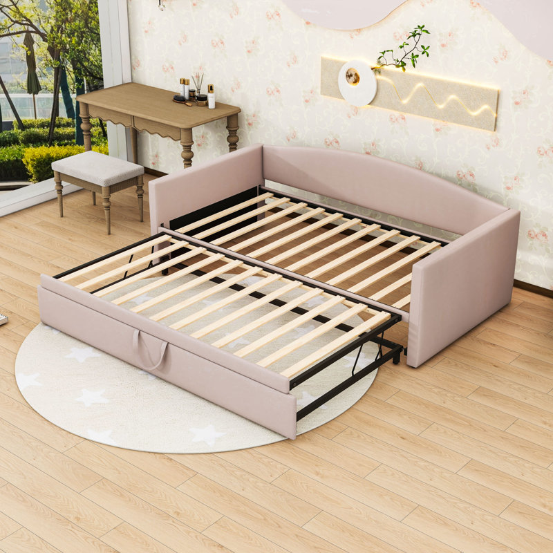Twin Upholstered Daybed with Pop-Up Trundle, Pink