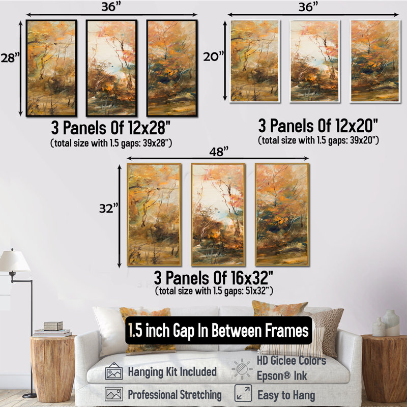 Forêt en automne, ensemble de 3 peintures à l'huile sur toile encadrées, L 36 po x H 20 po, Blanc
