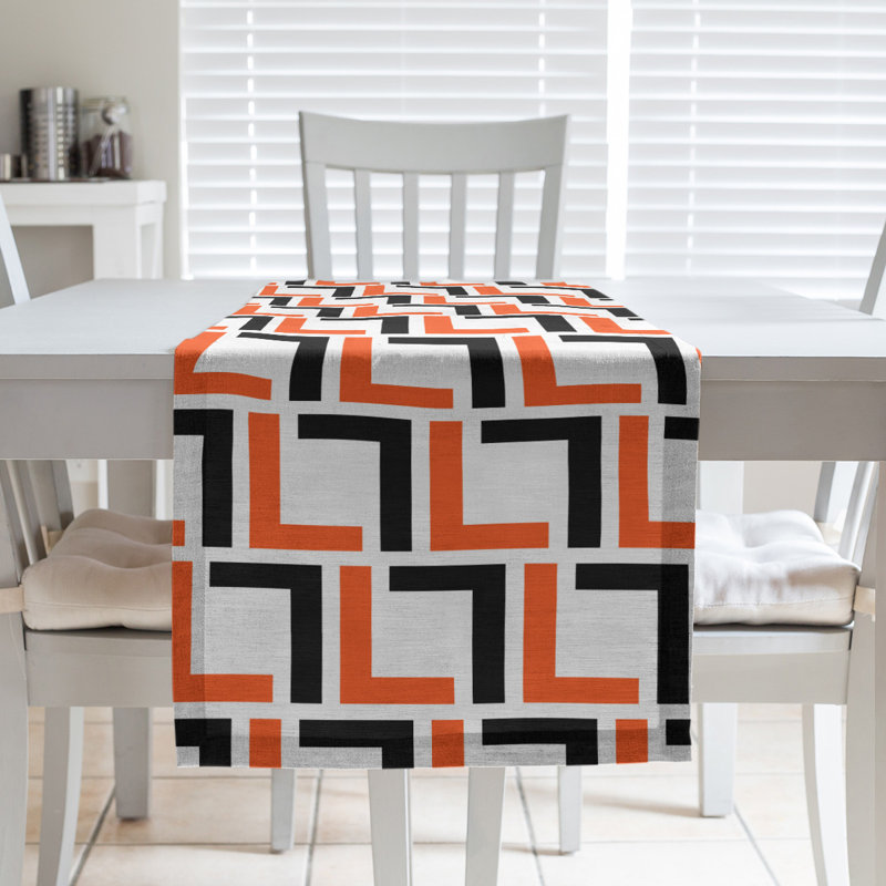 Chemin de table Carolina, 90 po x 16 po, Coton, Blanc / Orange / Noir