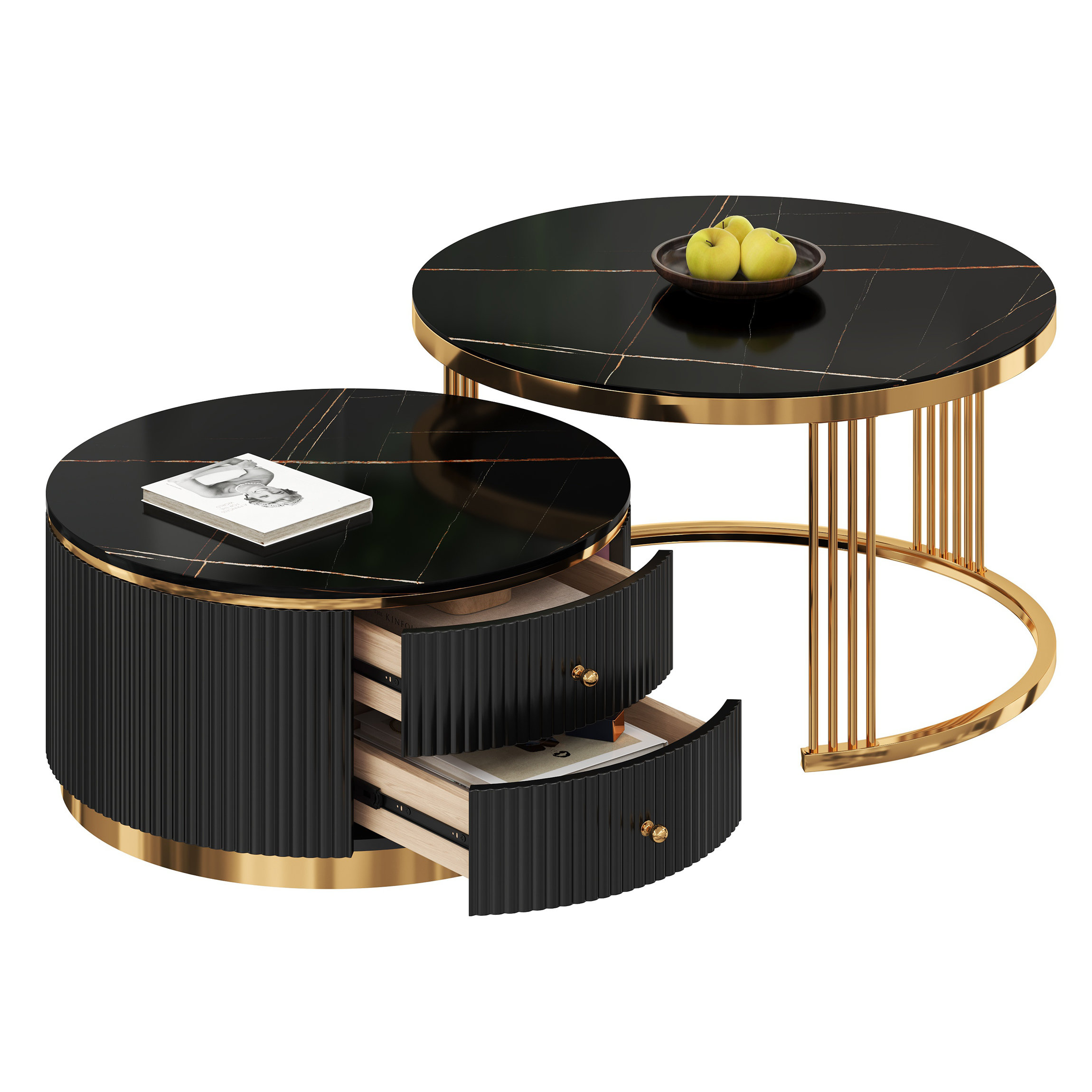 Mercer41 Modern 2-Piece Black Round Nesting Coffee Table with Drawers ...