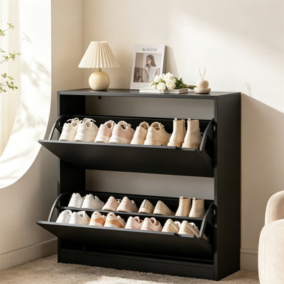Meuble à chaussures d'entrée avec 2 tiroirs rabattables - Rangement à chaussures dissimulé en bois robuste, étagère à chaussures étroite étroite autoportante pour porte d'entrée, salon, couloir et chambre à coucher