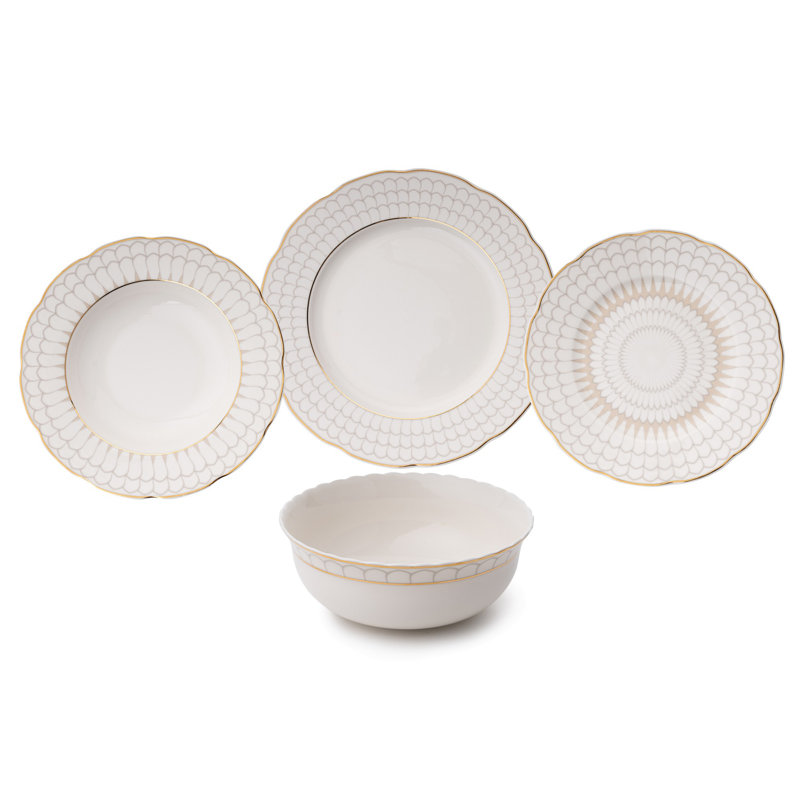 Elegant 24-Piece Dinner Set, 100% Porcelain, Includes 6 Service Plates (10.6 in), 6 Deep Plates (8.3 in), 6 Dessert Plates (8.3 in), 6 Bowls (5.9 in / 10.1 fl oz) | Stylish Tableware for Formal Dining & Entertaining